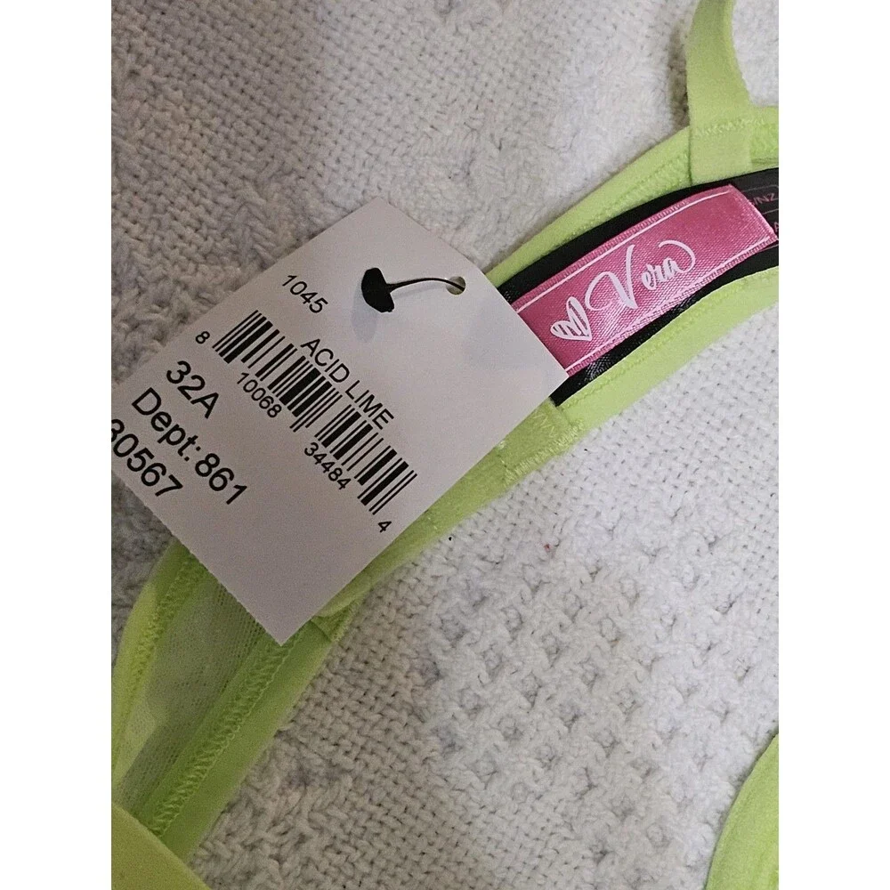 Love Vera Lingerie Set Acid Lime Embroidered Mesh Bra 32A & Strappy Thong S NEW